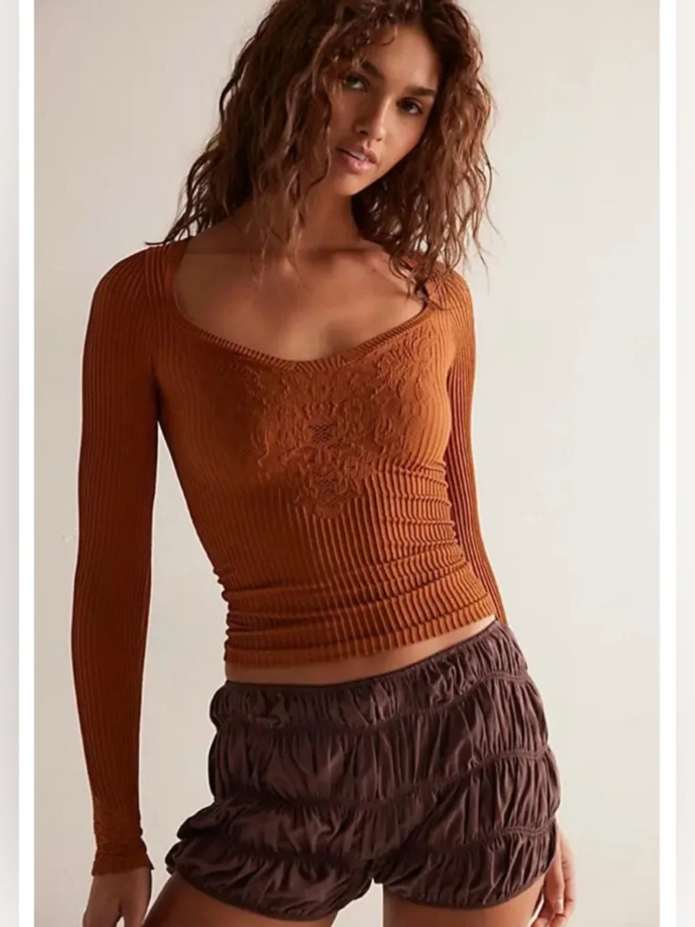 FREE PEOPLE Dynamic Duo Ribbed Long Sleeve NWT Smoked Topaz Brown